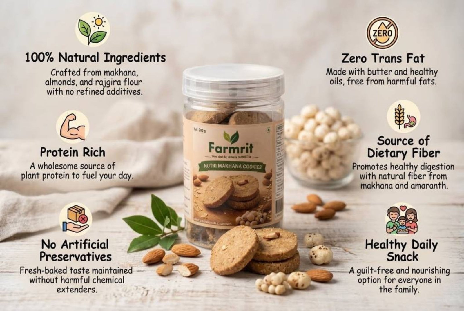 Nutri Makhana Almond Cookies - 100% Natural Ingredients, Zero Trans Fat, Protein Rich, Source of Dietary Fiber, No Artificial Preservatives, Healthy Daily Snack